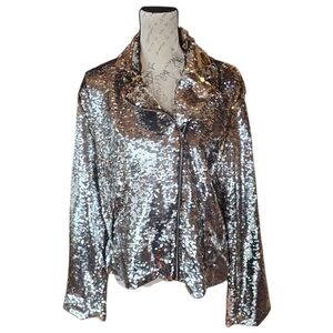 Fabulous Furs Donna Salyers Silver Gold Sequin Zip Moto Jacket L
